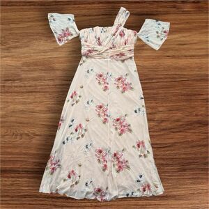 ASOS Curve Pink One Shoulder Flutter Sleeve Lined Maxi Floral Dress Ruched